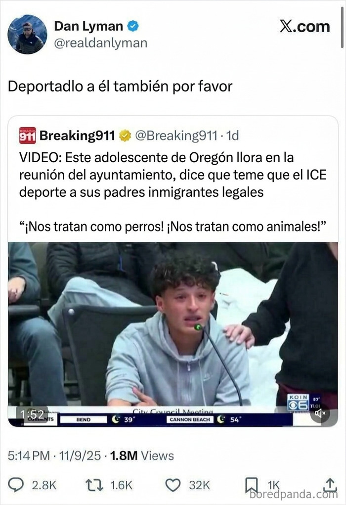 Sí, ahora vemos a este hombre pedir públicamente la deportación de un niño que es ciudadano estadounidense, porque no quiere que sus padres (que son inmigrantes legales) sean deportados.