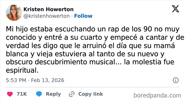 Uno de los memes divertidos sobre una madre cantando rap de los 90 a su hijo.