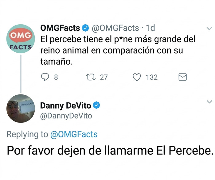 Meme divertido con un tuit gracioso de Danny DeVito bromeando sobre datos del reino animal.