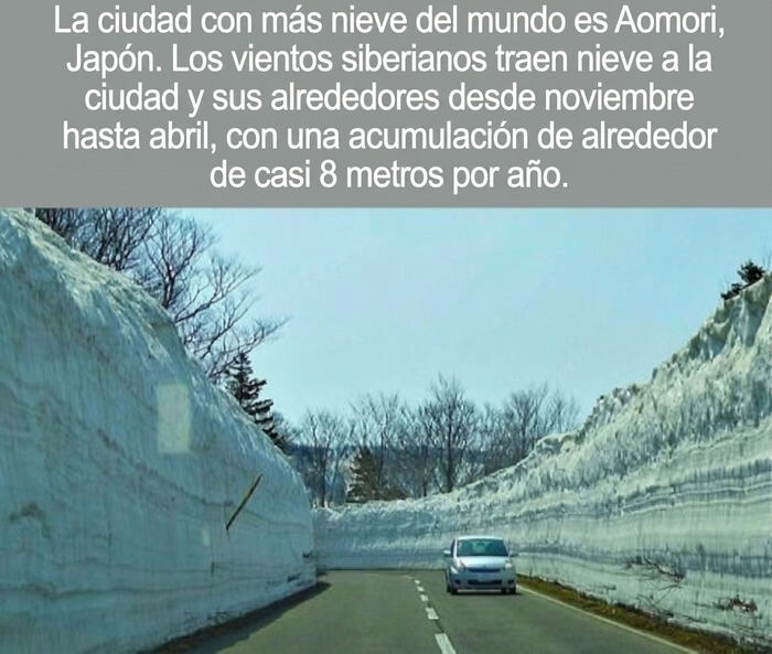 Carro conduciendo por carretera rodeada de muros gigantes de nieve en J*pón, datos curiosos del clima.