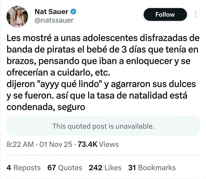 Publicación en redes sociales de una madre con pensamientos egocéntricos sobre su bebé.
