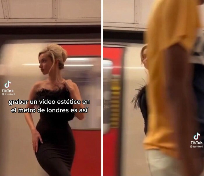 Mujer intentando grabar un video estético en el metro de Londres con actitud egocéntrica.