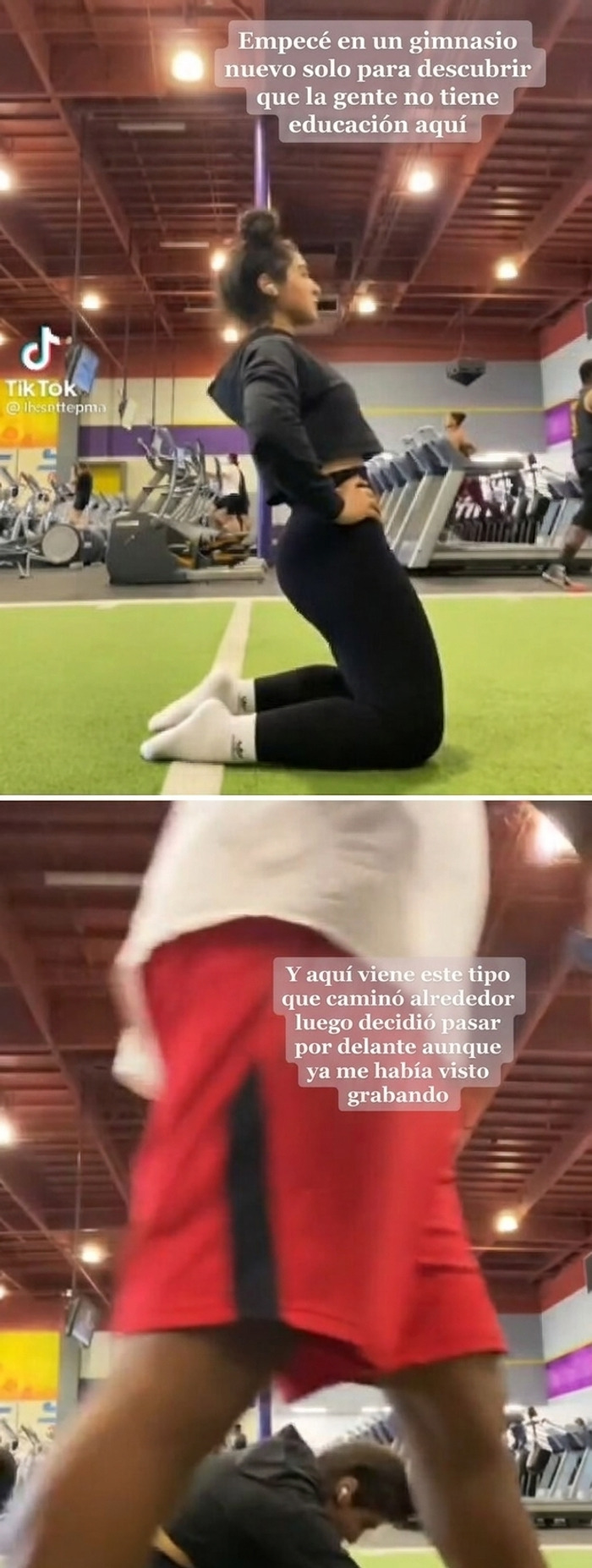 Mujer quejándose en un gimnasio de forma egocéntrica porque alguien pasa frente a su cámara.