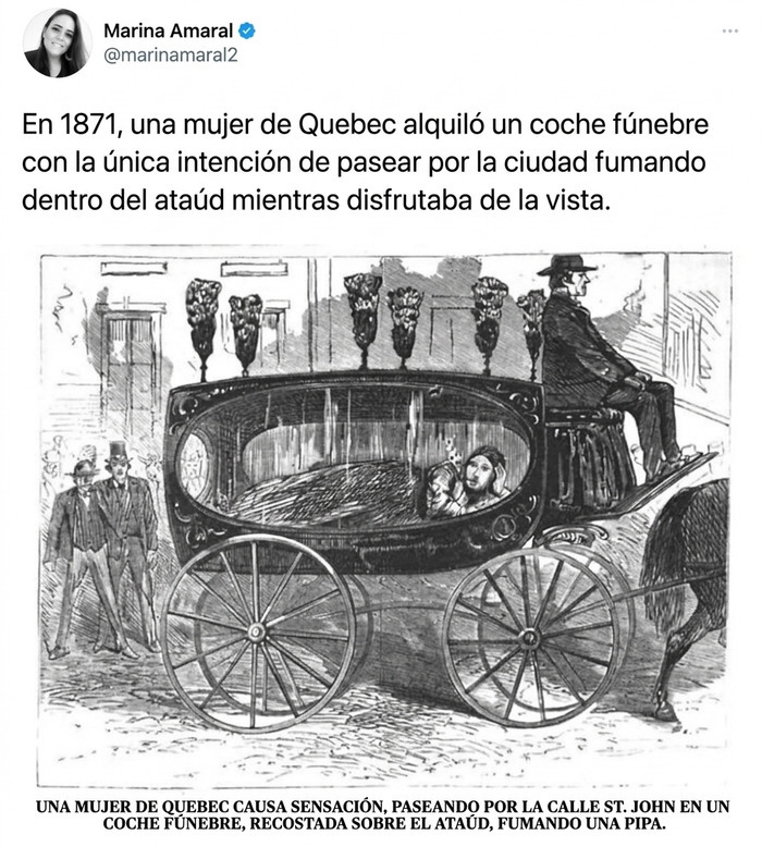 Ilustración antigua de mujer en coche fúnebre con un texto en español sobre personas egocéntricas.