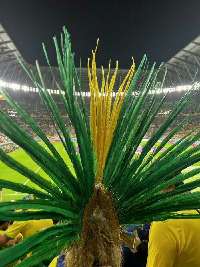 Aficionado en un estadio usando un gran tocado de plumas verdes y amarillas, un ejemplo de personas egocéntricas.