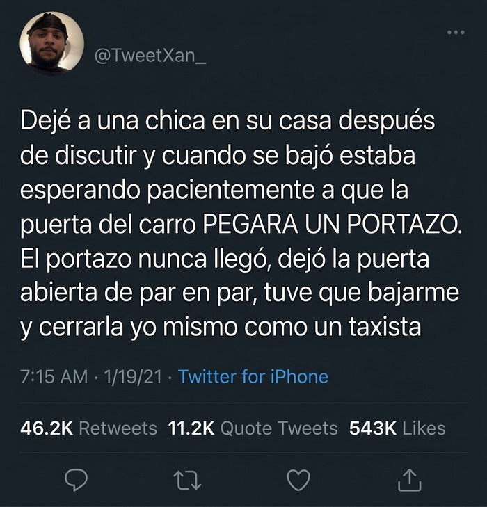 Meme divertido en Twitter sobre una discusión de pareja y un portazo que nunca ocurrió.