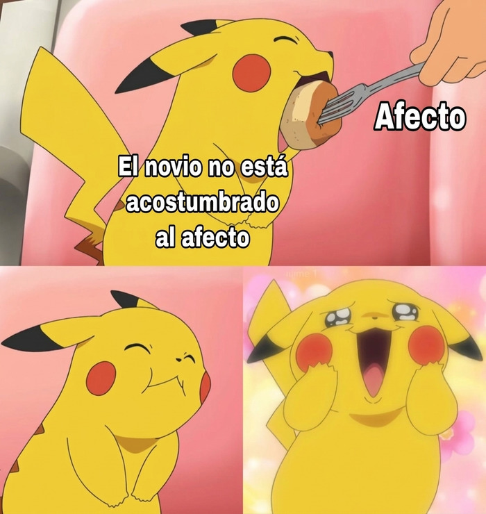 Meme divertido de Pikachu feliz recibiendo afecto, ideal para compartir en pareja.