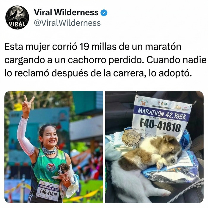 Mujer maratonista cargando a un cachorro rescatado, un gran momento de los animales