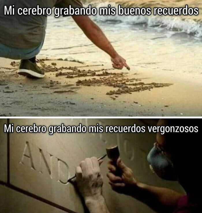 Meme comparativo de recuerdos buenos y vergonzosos para ayudarte a relajarte