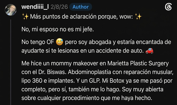 Captura de pantalla de Threads sobre una mujer con su esposo y aclaraciones de cirugía estética. Captura de pantalla de Threads sobre una mujer con su esposo y aclaraciones de cirugía estética.