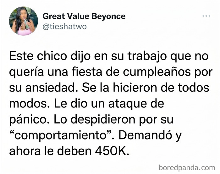 Tuit que narra la demanda ganada por un empleado despedido injustamente por jefes sin empatía.
