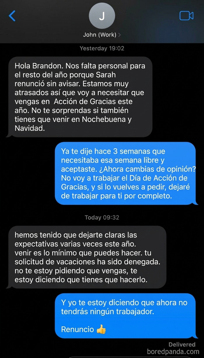 Chat de mensajes donde un empleado renuncia tras la exigencia de jefes insensibles en días festivos.