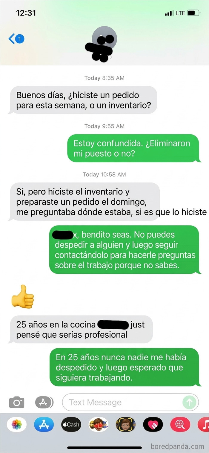 Mensajes de texto que muestran jefes exigiendo tareas a una empleada después de haber sido despedida