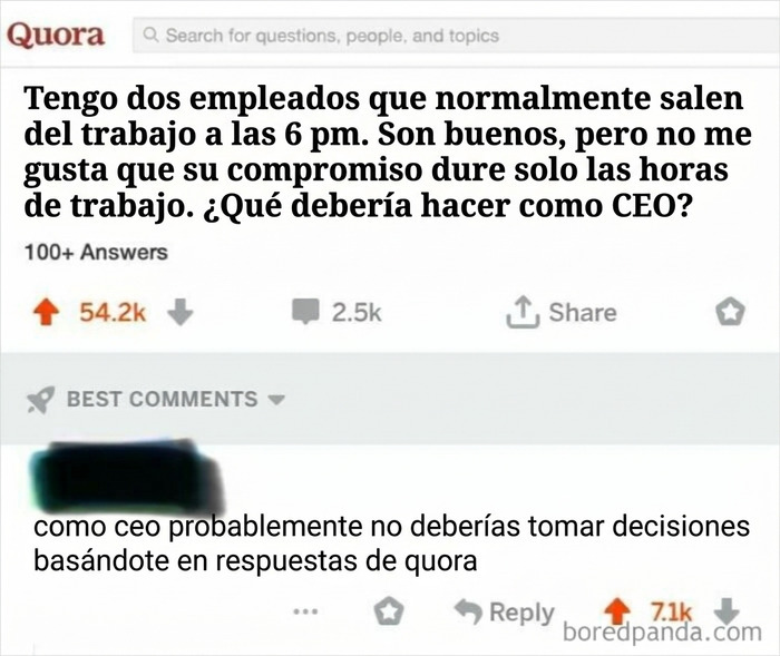 Captura de Quora con un comentario irónico sobre malos jefes y la exigencia de compromiso excesivo