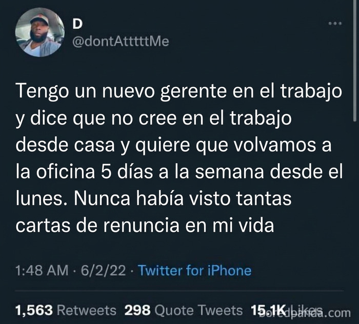 Captura de pantalla de Twitter sobre jefes que imponen el fin del teletrabajo provocando renuncias masivas