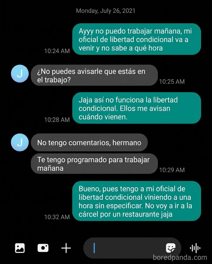 Captura de chat con uno de los peores jefes que obliga a trabajar durante la libertad condicional.