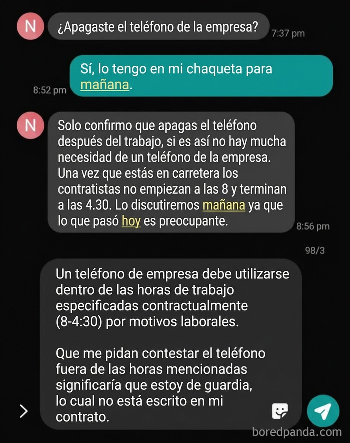 Mensajes sobre el uso de celular de la empresa fuera de horario, ilustrando las actitudes de los peores jefes.