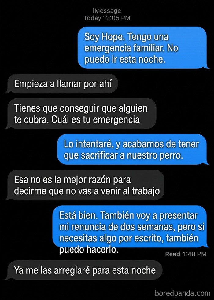 Conversación donde uno de los peores jefes minimiza una emergencia familiar y la pérdida de una mascota.