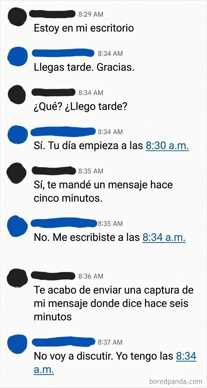 Captura de chat donde uno de los peores jefes discute absurdamente por cuatro minutos de diferencia.