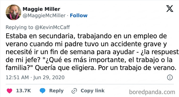 Tuit sobre cómo actúan los peores jefes ante emergencias familiares.