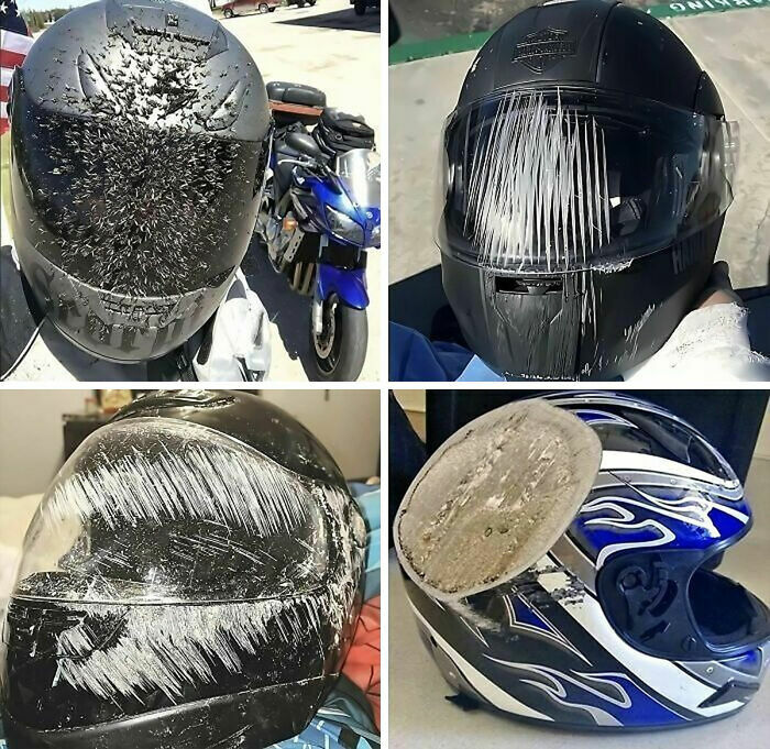 Cascos de moto dañados que salvaron vidas, mostrando cosas tan curiosas como maravillosas de la seguridad.