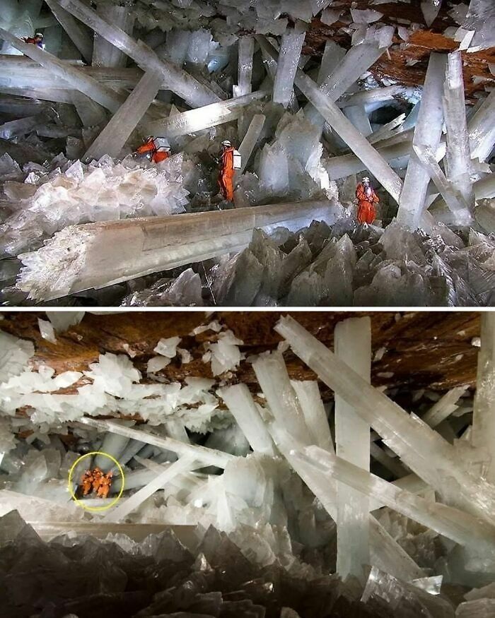 Cosas curiosas como personas explorando la enorme cueva de cristales de Naica