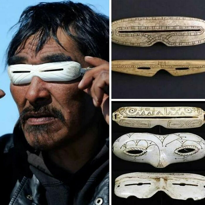 Gafas de sol inuit tradicionales hechas de hueso contra la ceguera de la nieve
