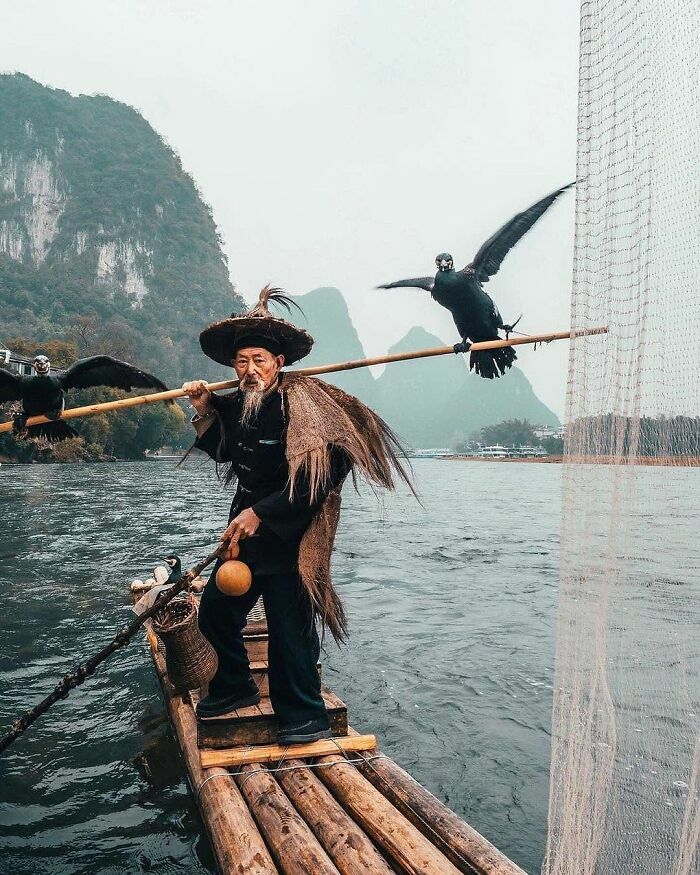Pescador con cormoranes en balsa, una de las cosas tan curiosas de la comunidad online