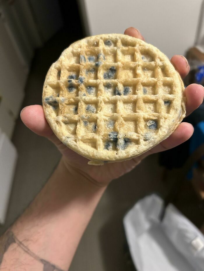 Mano sosteniendo un waffle con moho oscuro para mostrar que siempre puede empeorar