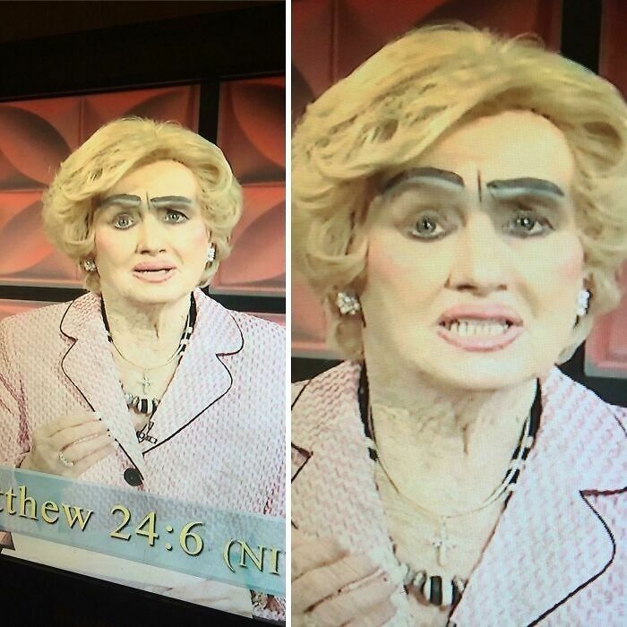 Mujer rubia con cejas exageradamente pintadas y gruesas al salir de un salon de belleza