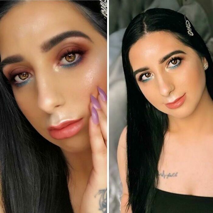 Maquillaje de ojos mal difuminado en una cliente insatisfecha del salón de belleza.