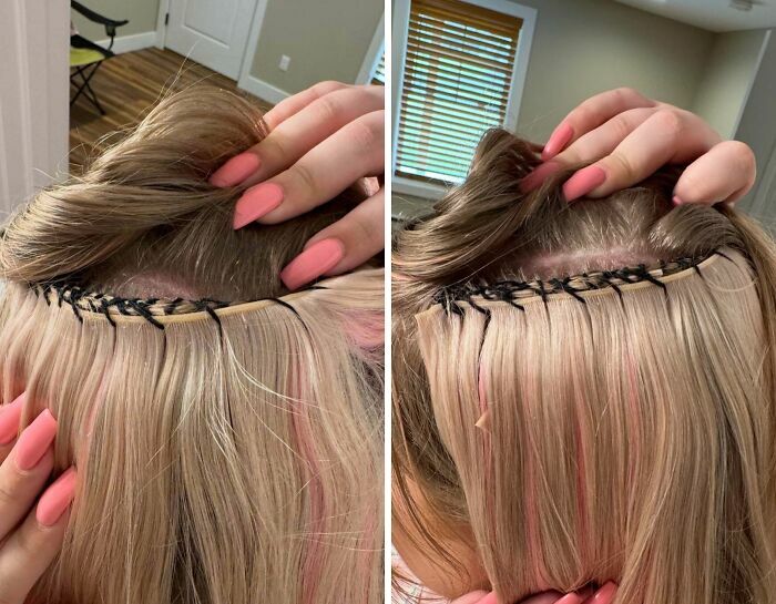 Extensiones de cabello mal aplicadas en un salon de belleza