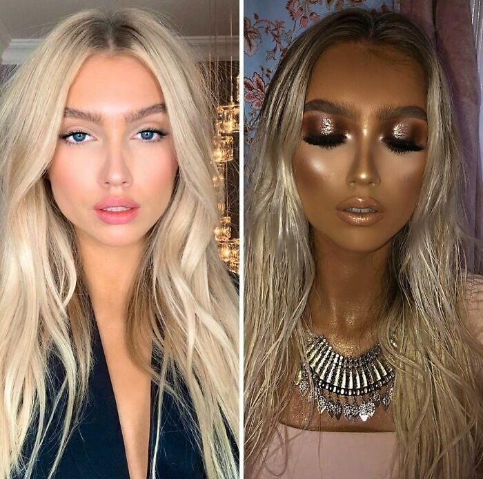 Comparativa de mujer antes y despues de un bronceado extremo y fallido de salon de belleza