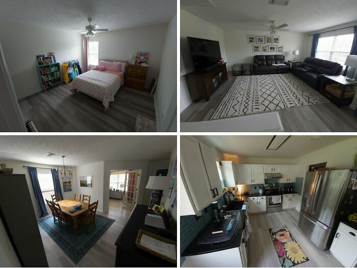 Collage de cuatro habitaciones desordenadas y limpias, reflejando ideas de novias y esposas.