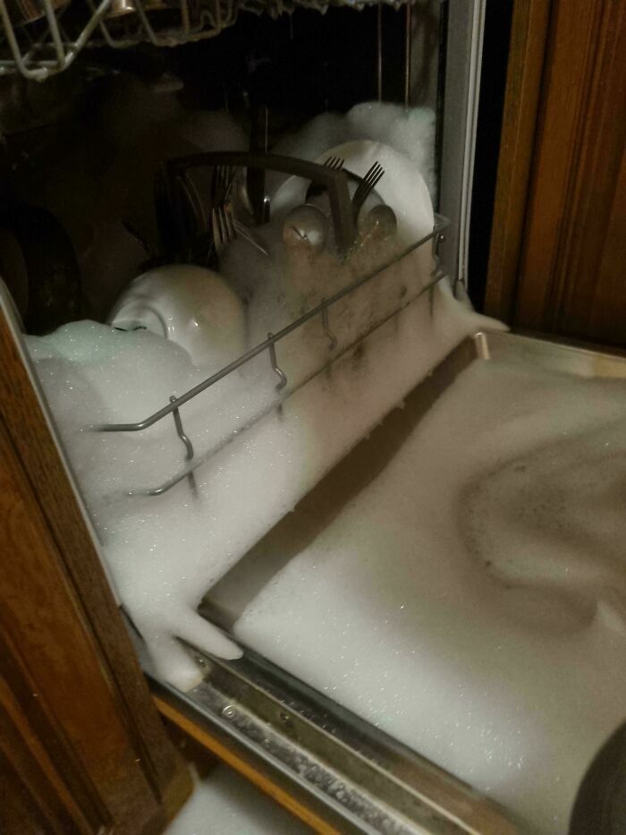 Lavavajillas lleno de espuma desbordante por errores de novias y esposas