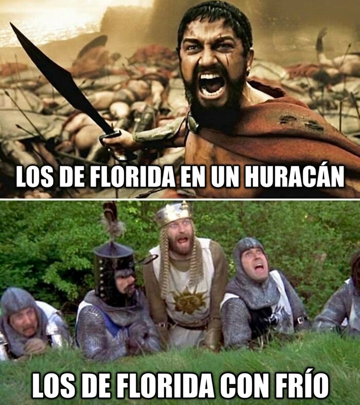 Meme divertido que compara la actitud ante un huracán y el frío en Florida