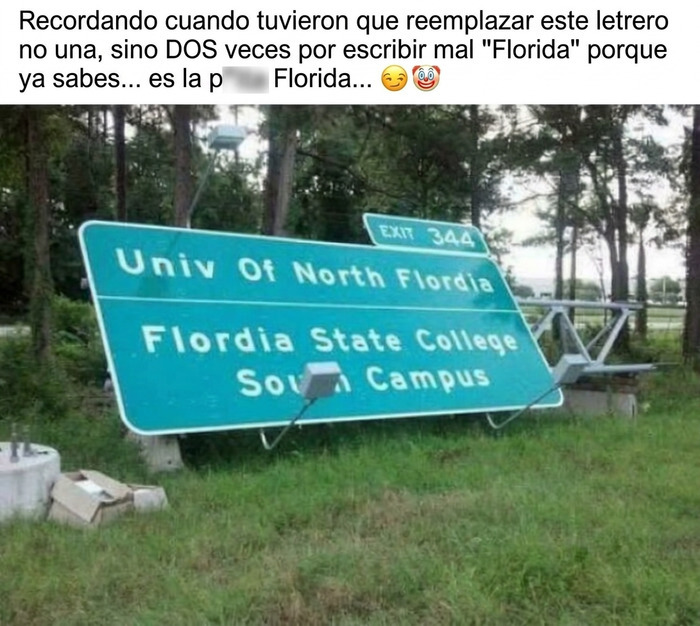 Meme sobre letrero de carretera con error ortográfico en Florida