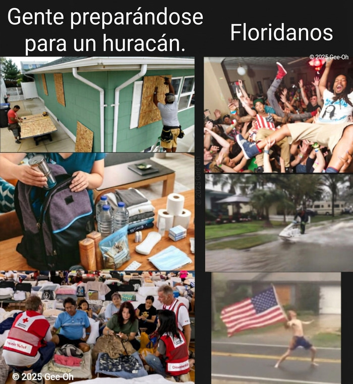 Meme comparativo sobre cómo la gente común y los de Florida se preparan para un huracán.