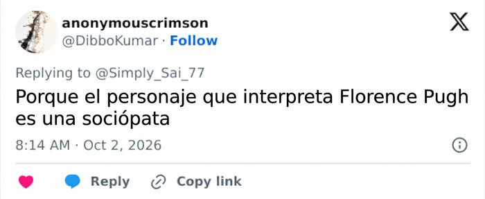 Publicaci&oacute;n en redes sociales discutiendo el personaje de Florence Pugh en su nueva serie.