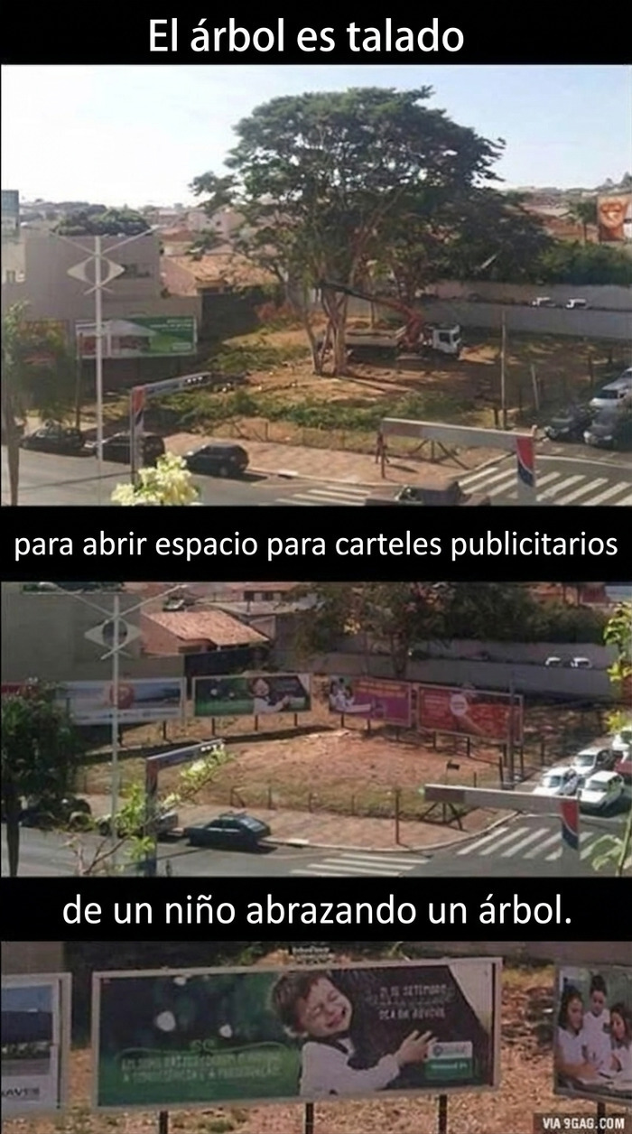 Un árbol talado para poner un cartel de un niño abrazando un árbol de personas con una sola tarea