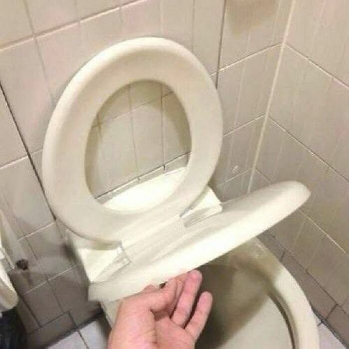 Taza de baño con la tapa colocada al revés, un claro ejemplo de personas que solo tenían una tarea