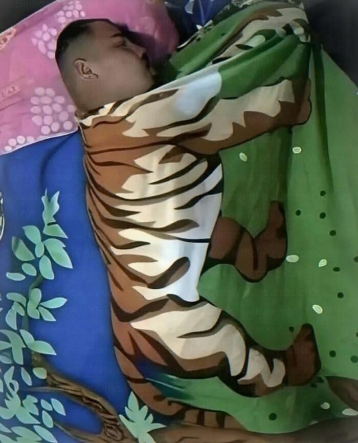 Hombre durmiendo con manta de tigre que causa risa y vergüenza ajena
