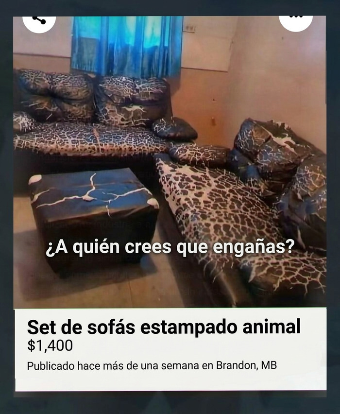 Anuncio gracioso de juego de sofás desgastados, parte de publicaciones que causan risa y vergüenza ajena
