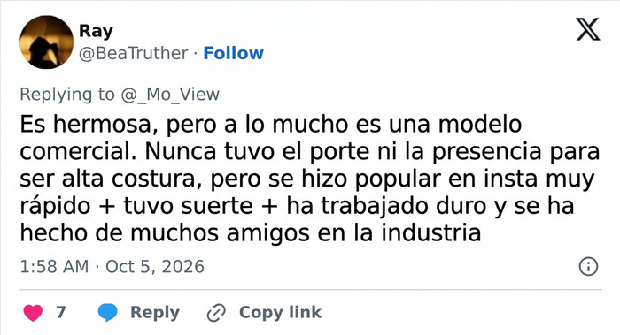 Comentario en redes sobre el talento como supermodelo y el éxito comercial de Gigi Hadid. Comentario en redes sobre el talento como supermodelo y el éxito comercial de Gigi Hadid.