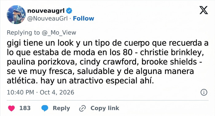 Tuit que resalta el estilo de Gigi Hadid en la pasarela comparándolo con las modelos de los 80. Tuit que resalta el estilo de Gigi Hadid en la pasarela comparándolo con las modelos de los 80.