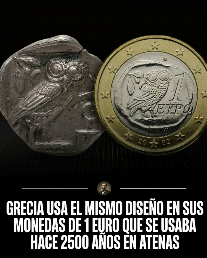 Comparativa de antigua moneda de Atenas con una de un euro de Grecia entre fotos históricas