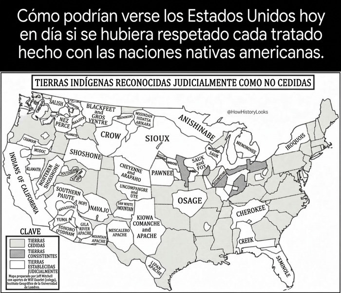 Mapa de EE. UU. con tierras indígenas reconocidas judicialmente, ideal para descubrir datos curiosos