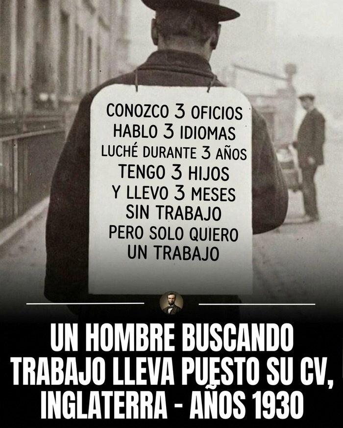 Hombre buscando empleo en Inglaterra de 1930, una de las fotos históricas más impactantes