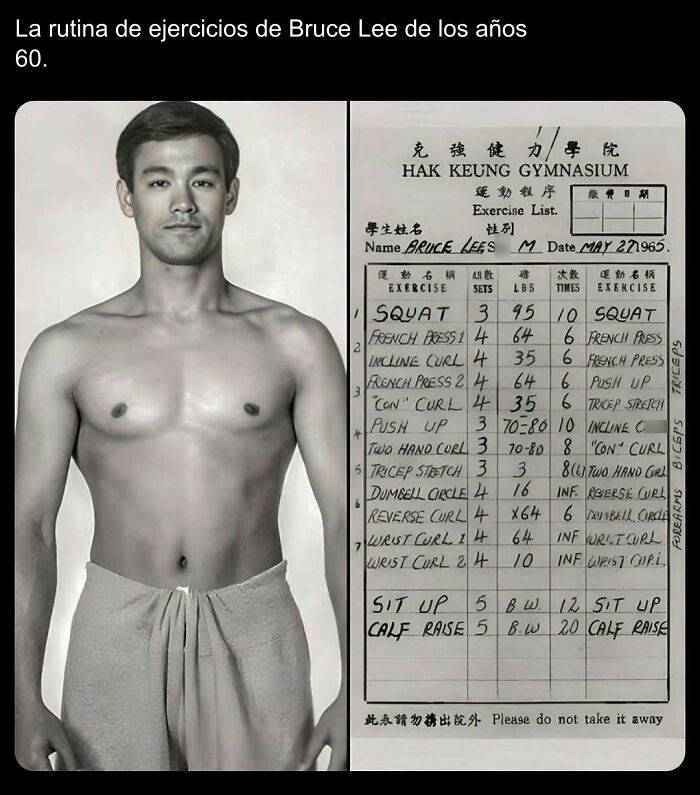 La rutina de ejercicios de Bruce Lee en fotos históricas de los años 60.