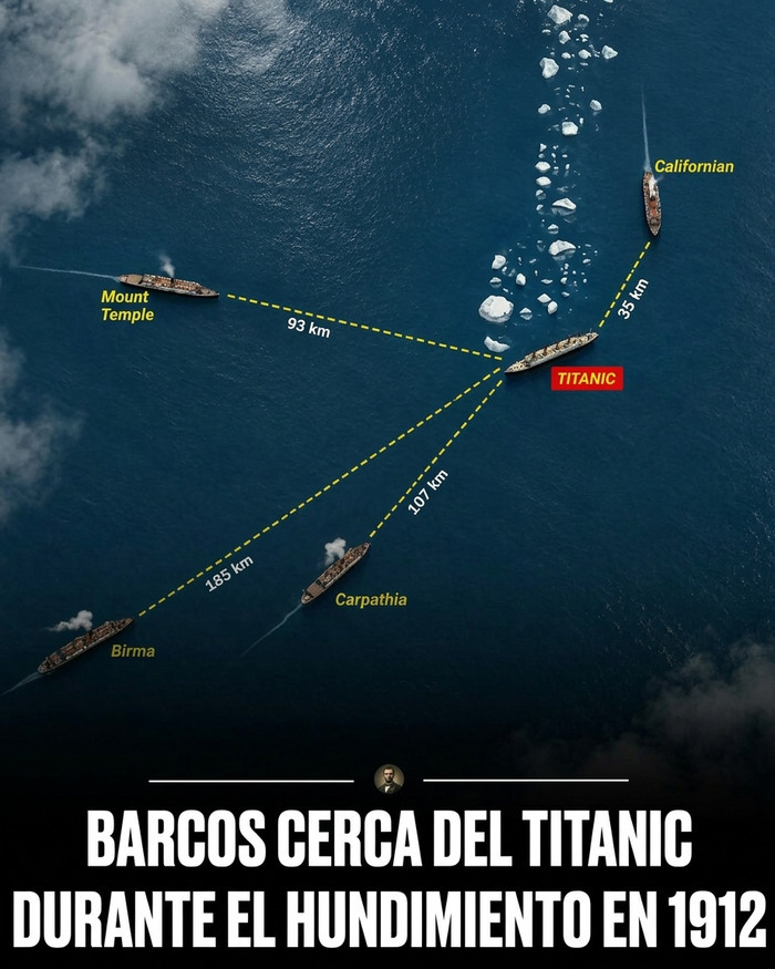 Mapa de barcos cercanos al Titanic en 1912, destacando datos curiosos y fotos históricas de la tragedia.